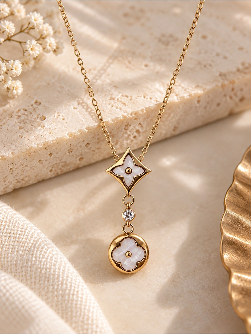 Gold Tone Mother of Pearl Clover Drop Pendant Necklace